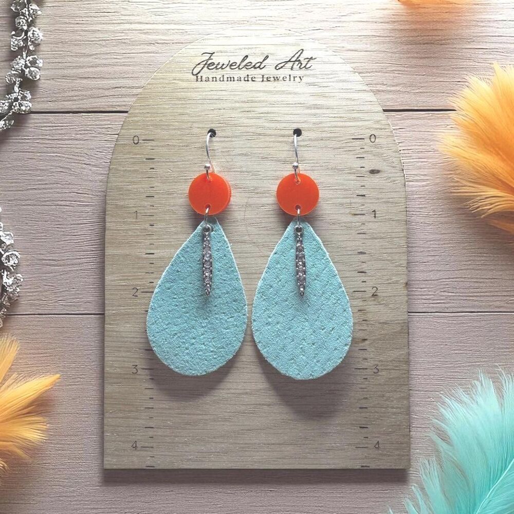 Hand-Painted Showgirl Inspired Turquoise Teardrop Glitter Accent Earrings - Picture 5 of 5